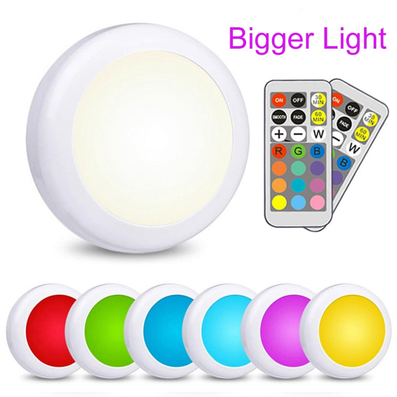 LED Cabinet Light battery RGB  Color  Puck Lights Dimmable Under Shelf Kitchen  Counter Lighting remote controller night light
