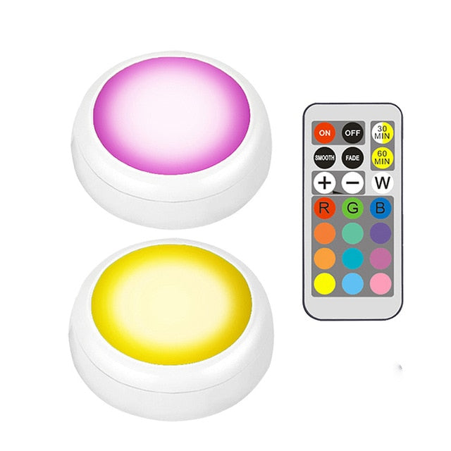 LED Cabinet Light battery RGB  Color  Puck Lights Dimmable Under Shelf Kitchen  Counter Lighting remote controller night light