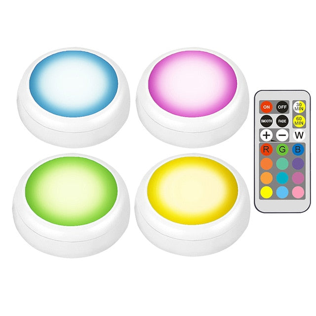 LED Cabinet Light battery RGB  Color  Puck Lights Dimmable Under Shelf Kitchen  Counter Lighting remote controller night light