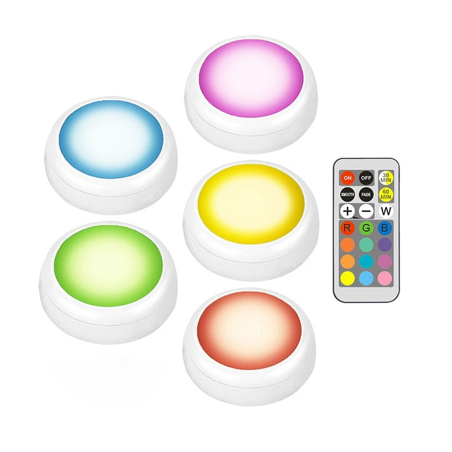 LED Cabinet Light battery RGB  Color  Puck Lights Dimmable Under Shelf Kitchen  Counter Lighting remote controller night light