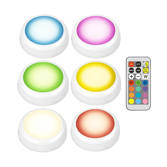 LED Cabinet Light battery RGB  Color  Puck Lights Dimmable Under Shelf Kitchen  Counter Lighting remote controller night light