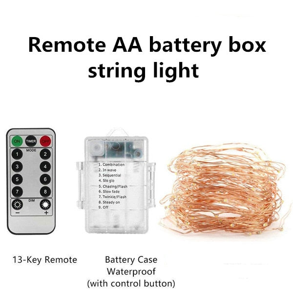 Festive outdoor copper string light 10m 20m remote control timing battery USB garden light for party Christmas decoration