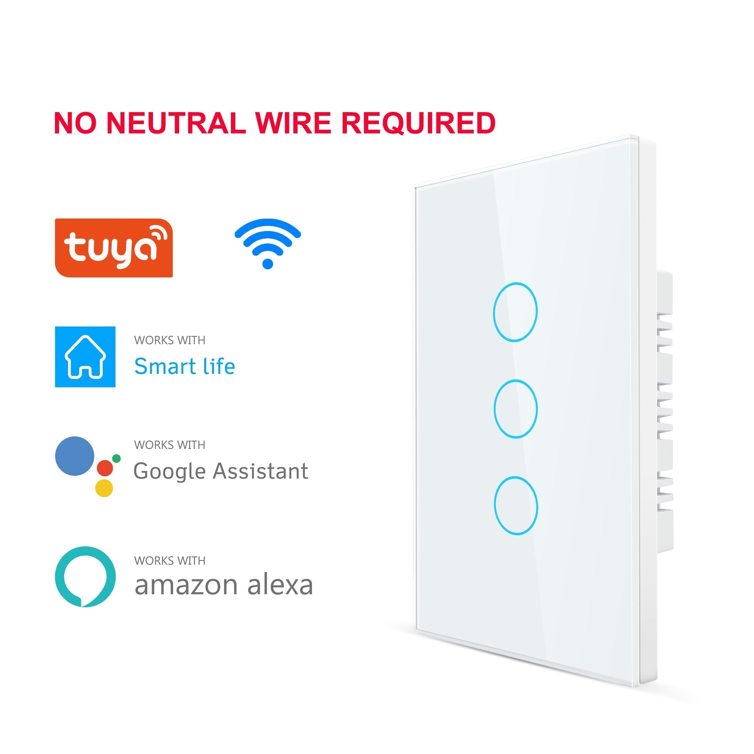 Smart Wifi Touch Switch No Neutral Wire Required Smart Home 1/2/3 Gang Light Switch 220V Support Alexa Tuya App 433RF Remote