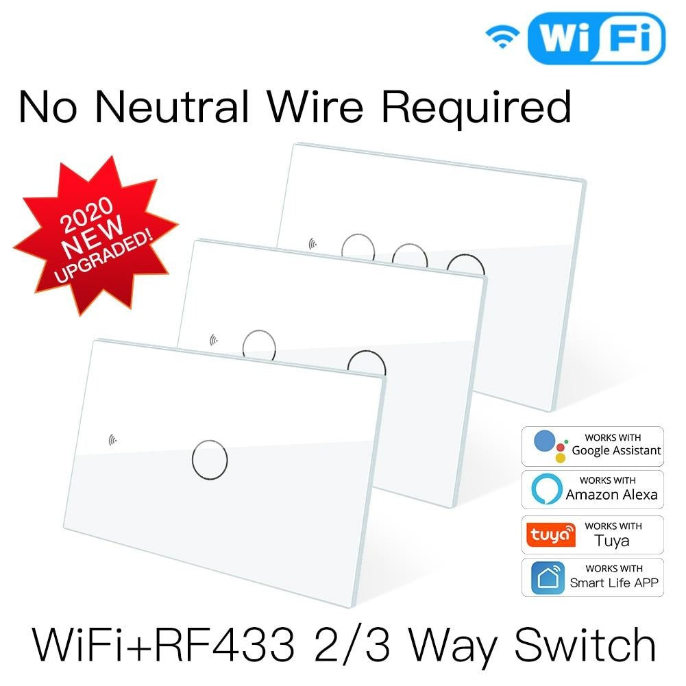 NEW WiFi Smart Light Switch RF433 No Neutral Wire Single Fire Smart Life Tuya App Control Works with Alexa Google Home 110V 220V
