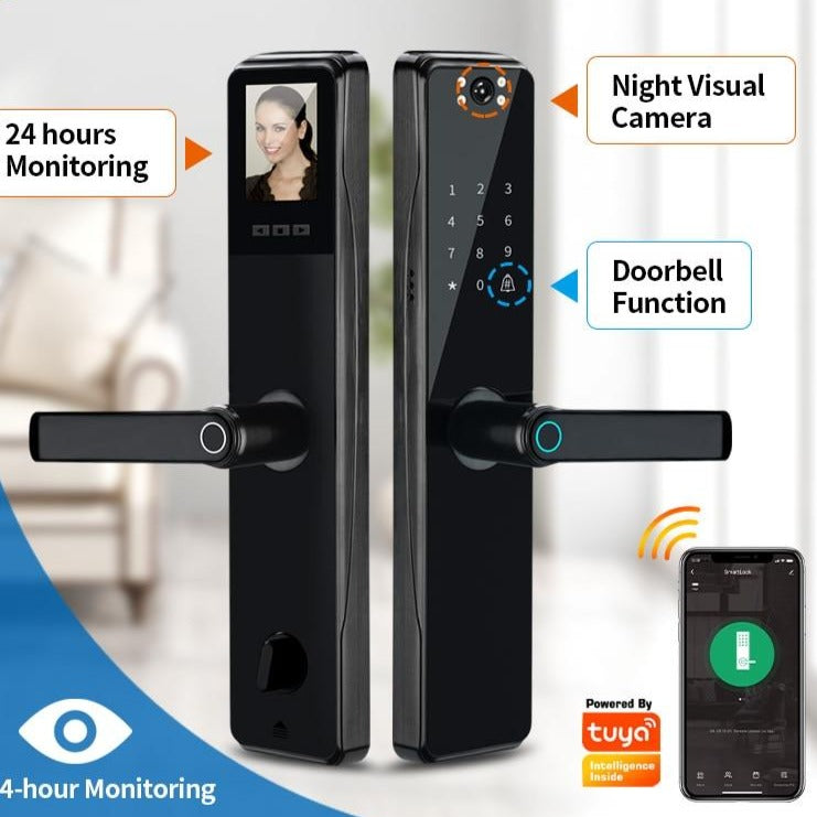 Camera Monitoring Lock Tuya Biometric Fingerprint, Security Intelligent Smart Lock With WiFi APP Password RFID Door Lock