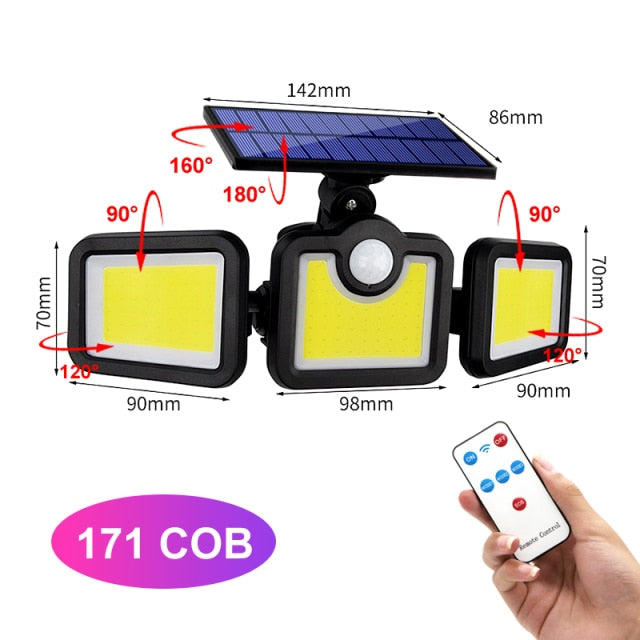 171 COB Solar LED Light Outdoor 3 Head Motion Sensor 270 Wide Angle Illumination Waterproof Lights Wall lamp for Garden Garage